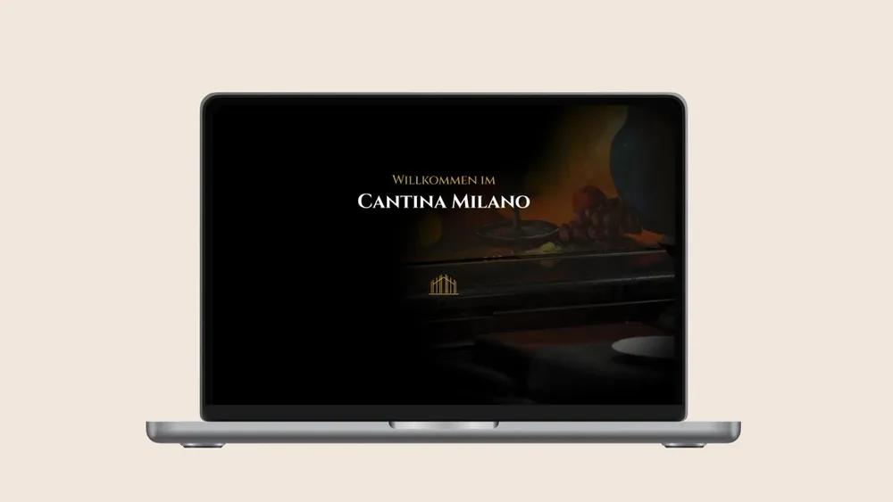 Laptop showing the home page: “Welcome to Cantina Milano” above a dark photo of the interior