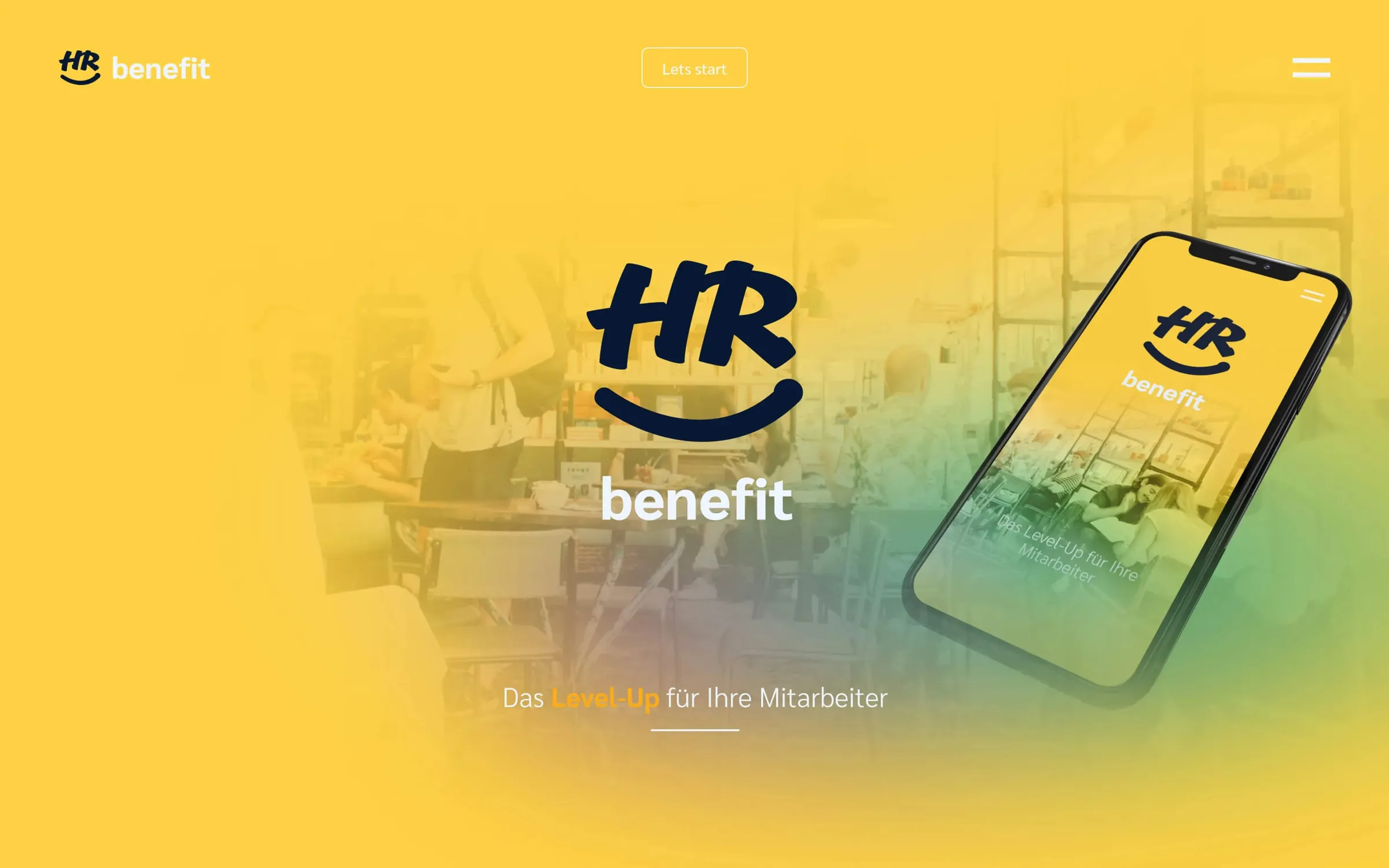 Home page draft in yellow with a logo whose curve under “HR” forms a smile