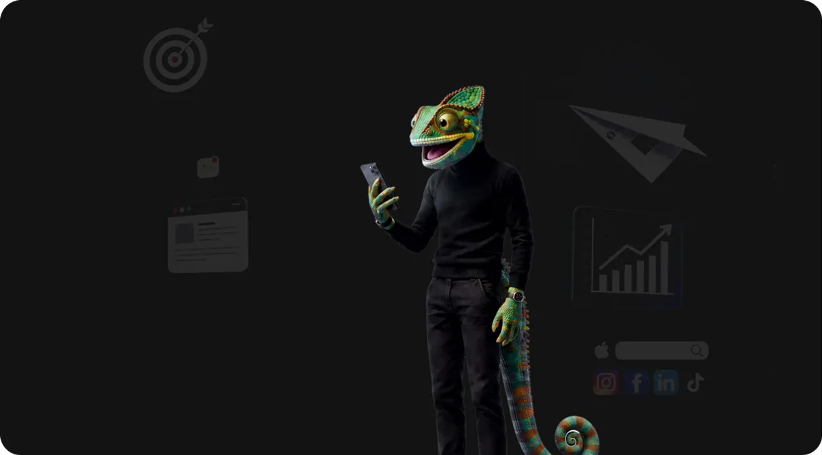WAGEMUT chameleon holding a smartphone in front of online marketing icons: target, ads and growth chart