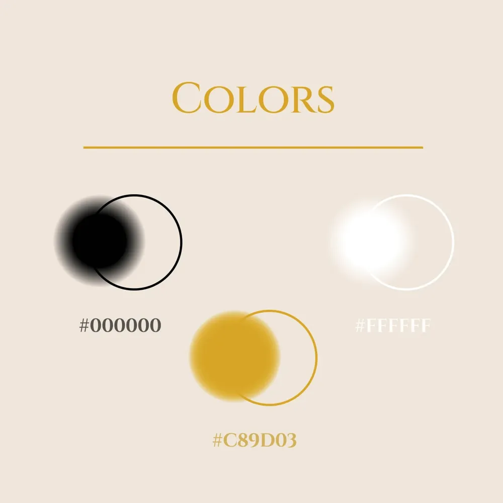 The color palette: black #000000, white #FFFFFF and a warm gold #C89D03