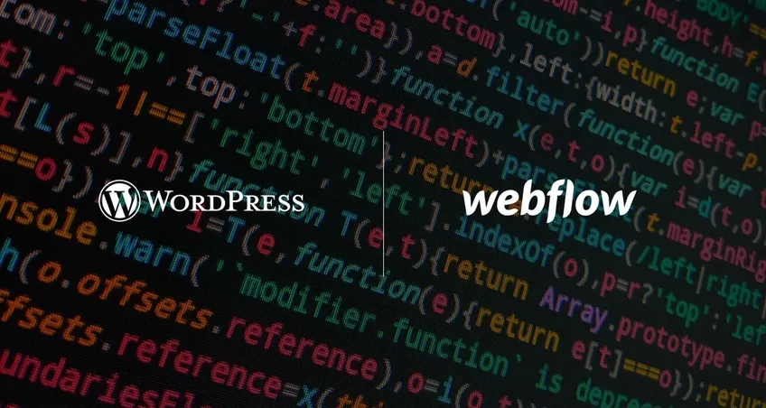 WordPress- und Webflow-Logo nebeneinander auf einem Hintergrund aus Quellcode