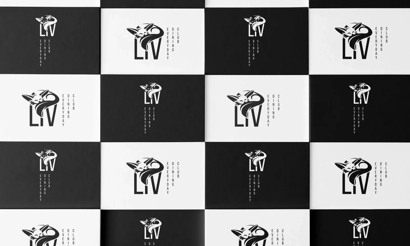 Cards in black and white arranged like a chessboard, each with a different combination of mark and wordmark