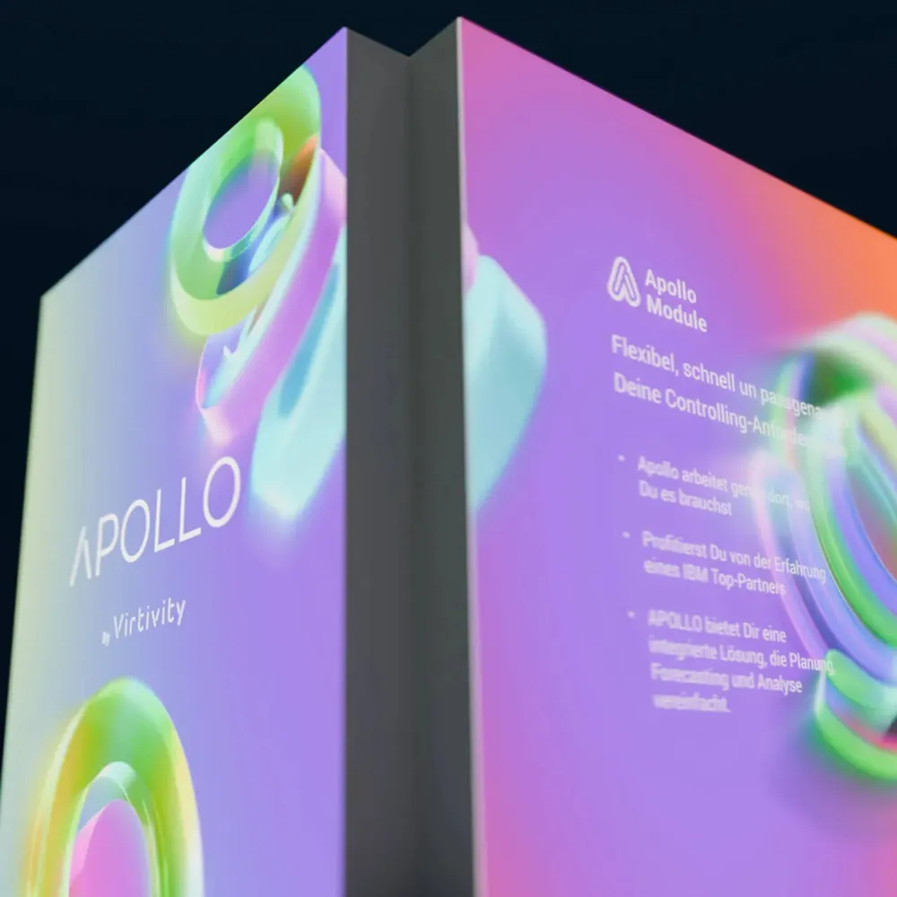 Close-up of the trade fair stand wall with the APOLLO logo and the overview of the Apollo modules