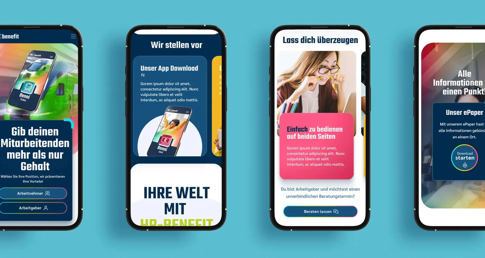 Four smartphones side by side showing views of the mobile website