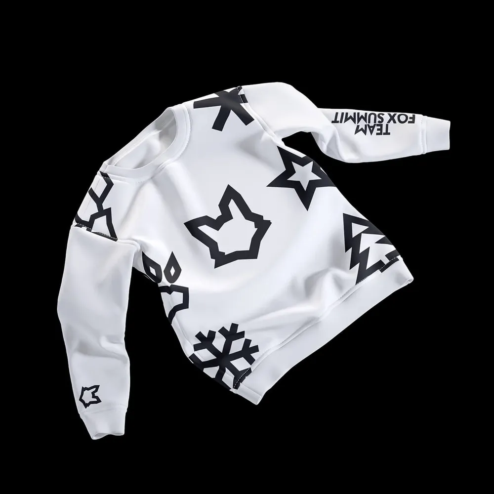 White sweatshirt with a black fox head and snowflake pattern
