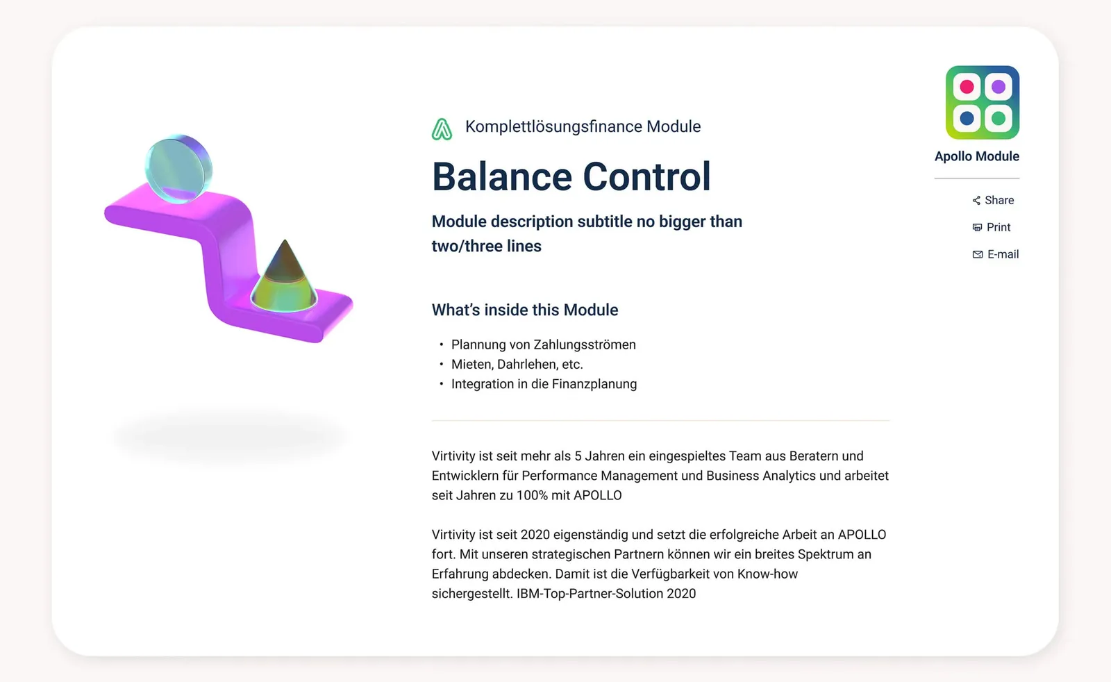 Balance Control module page with 3D icon, short description and list of functions