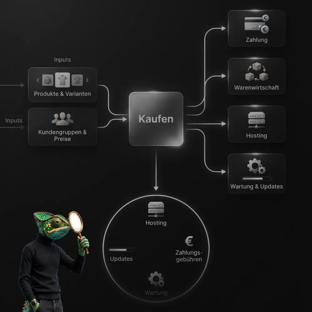WAGEMUT chameleon with a magnifying glass in front of the costs of a shop: payment, inventory, hosting, maintenance and updates