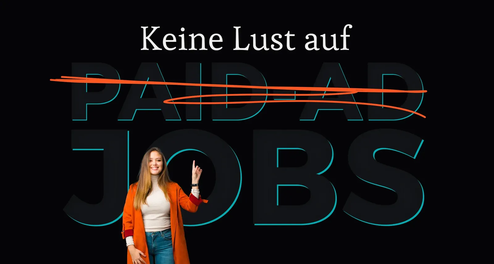 The hero section: “Done with paid-ad jobs”, next to it a laughing woman in an orange coat