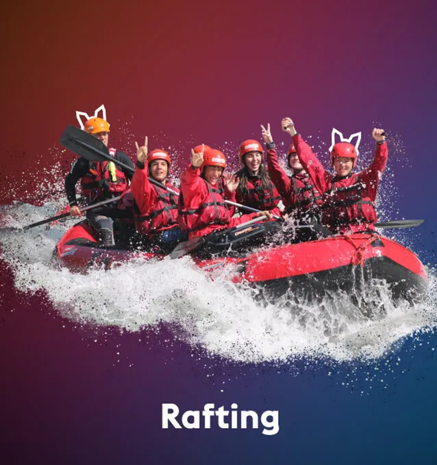 Banana boat: four teenagers in life jackets on the yellow tube