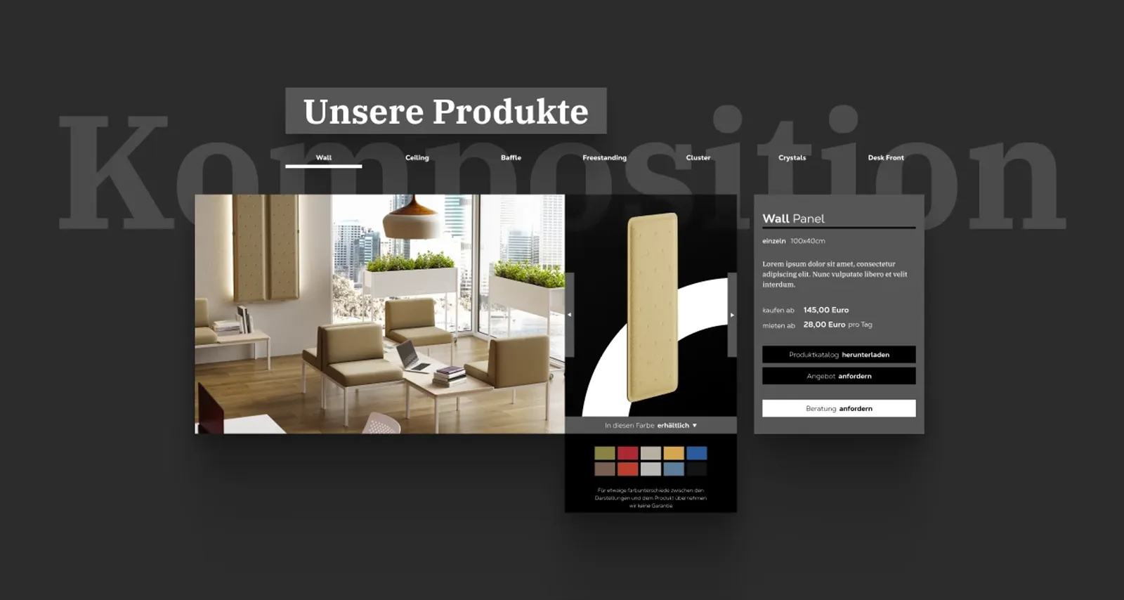 The section “Our products” with detail view and color picker