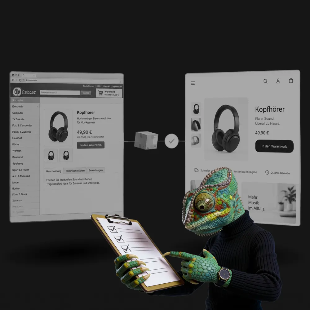WAGEMUT chameleon with a checklist in front of an old and a new online shop, linked by a parcel