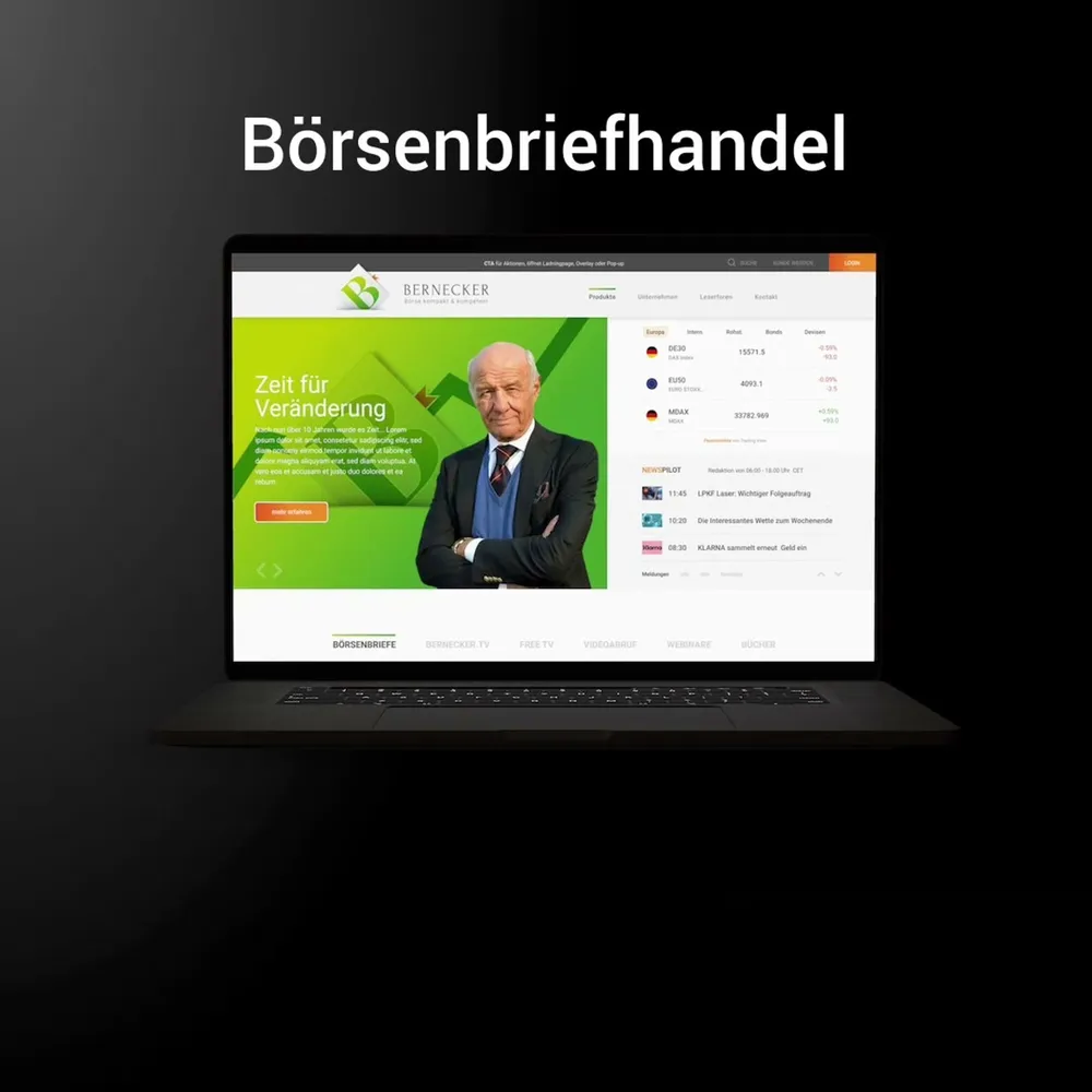 Animation of the stock market newsletter business: the new homepage building up on a laptop