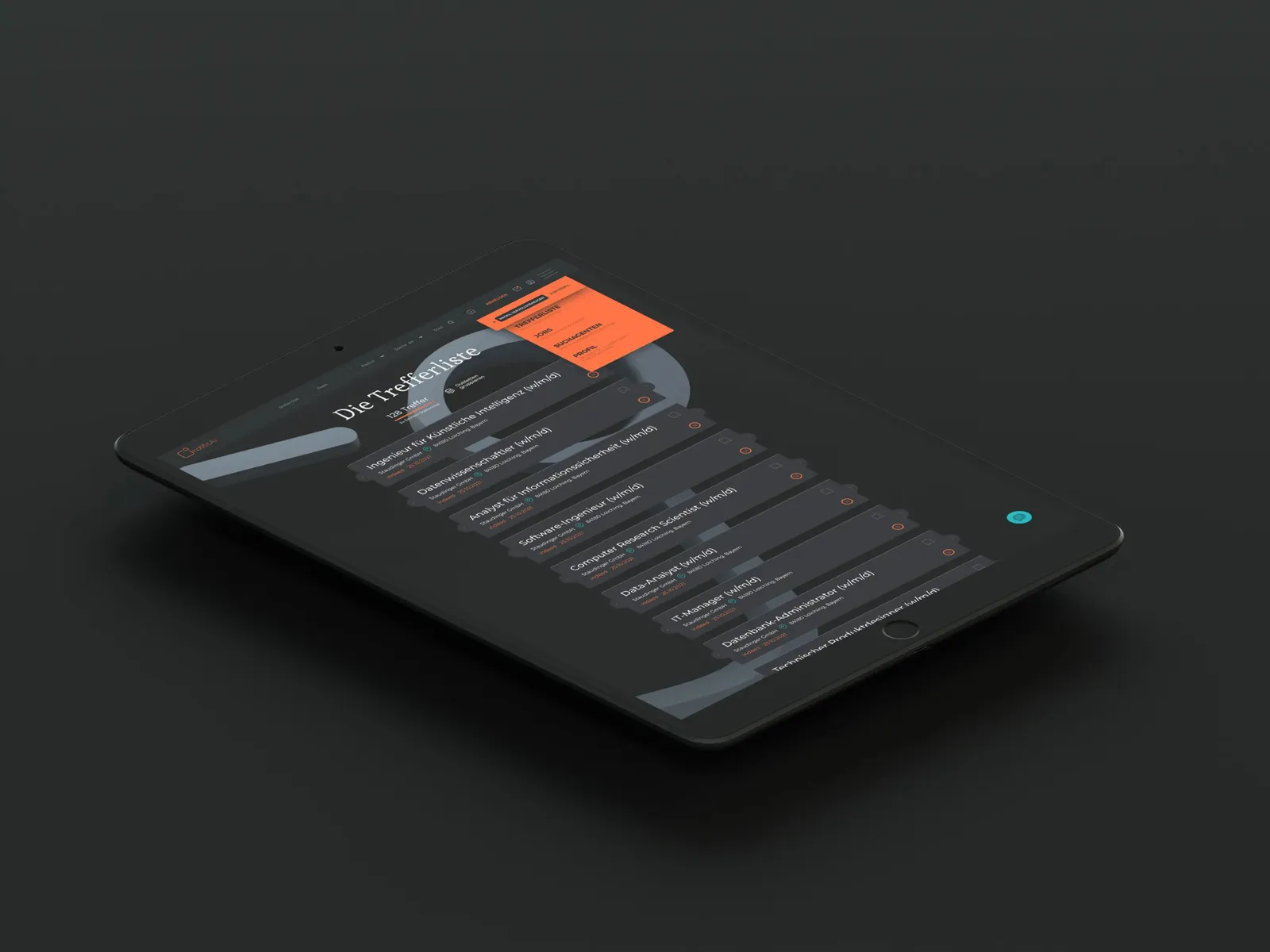 An iPad in a dark room shows the results list in the login area
