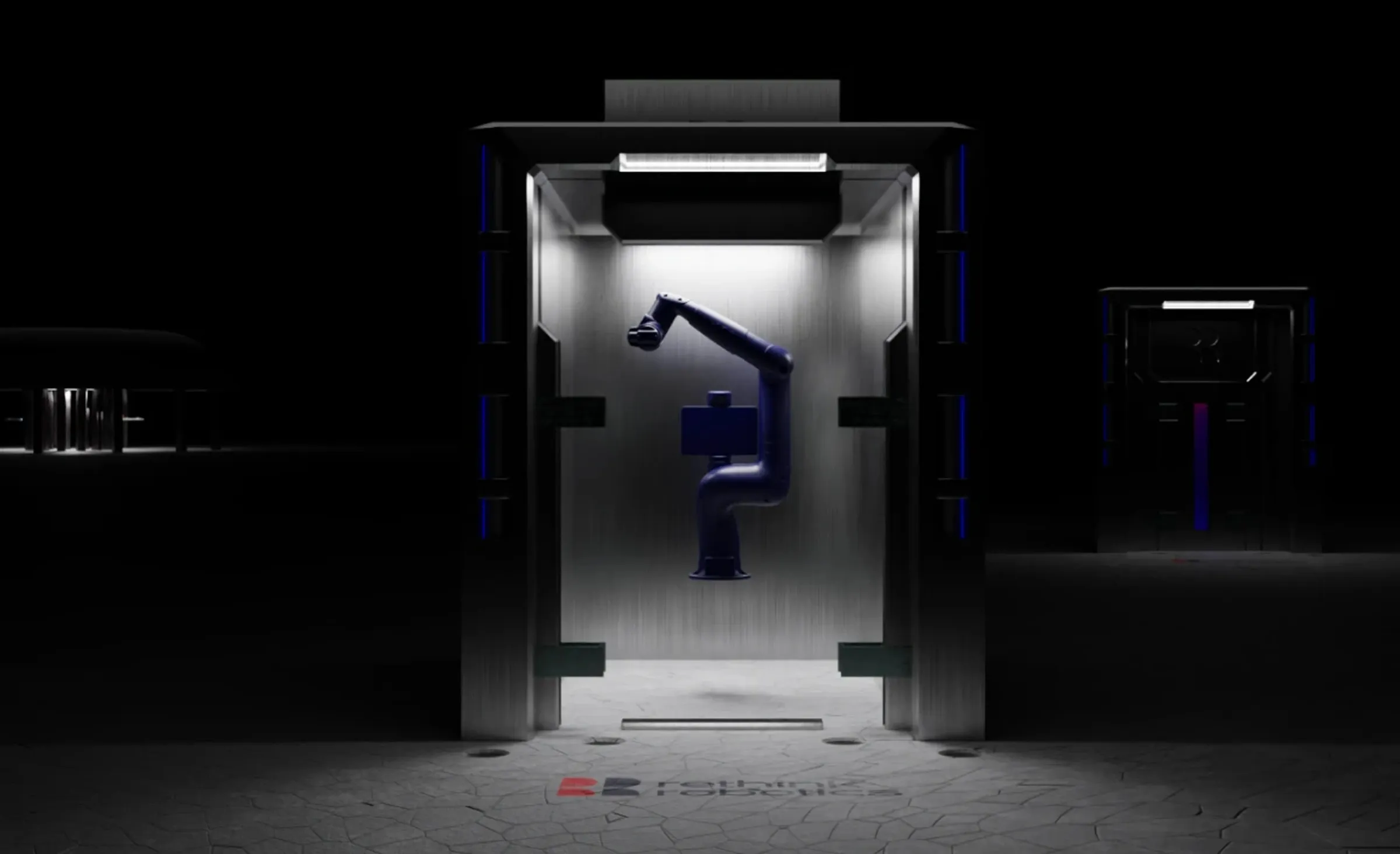 Rendering: der Cobot steht in der hell ausgeleuchteten Box