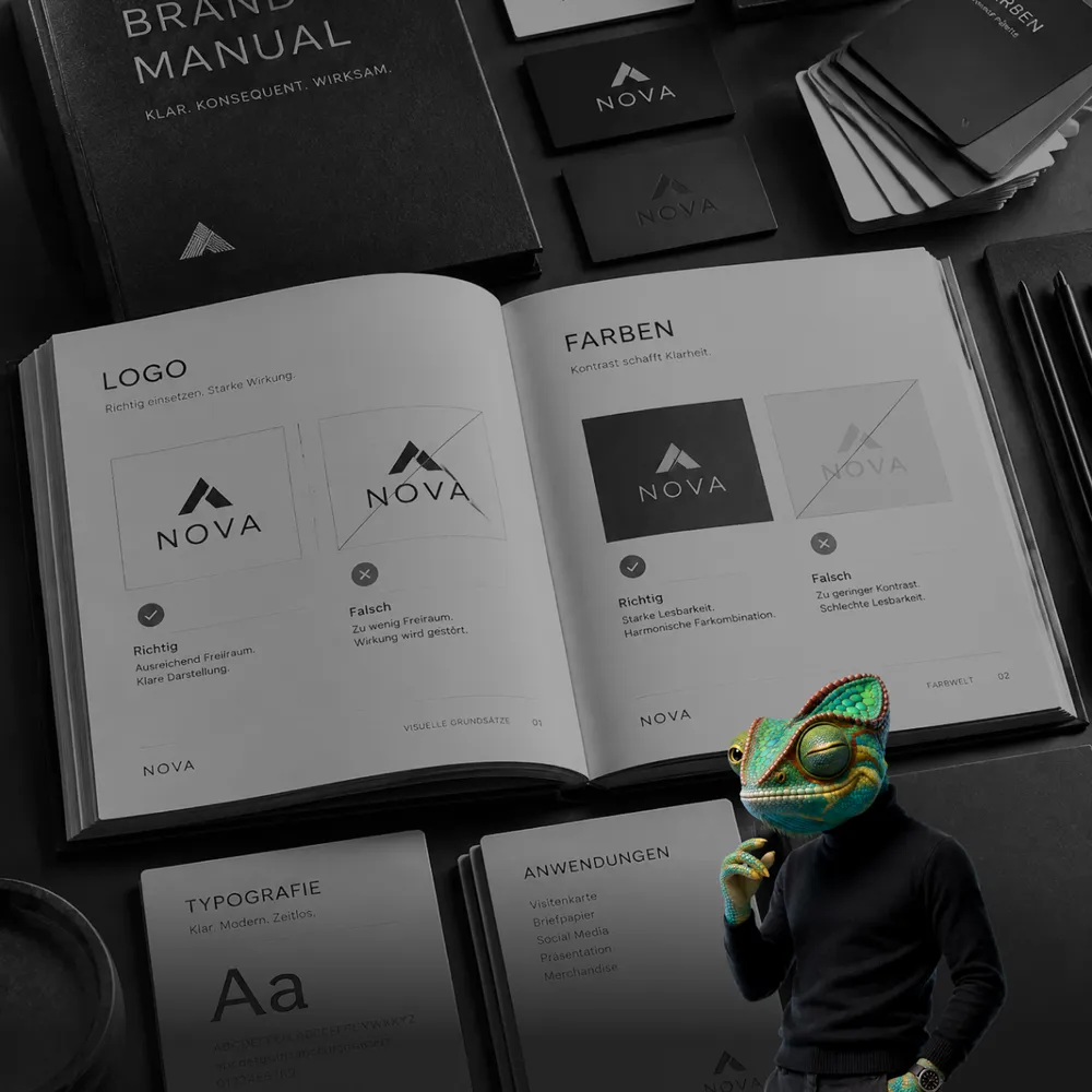 WAGEMUT-Chamäleon neben einem aufgeschlagenen Brand Manual mit Regeln zu Logo, Farben und Typografie