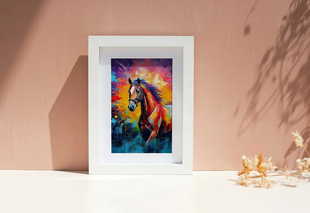 Framed oil painting of a horse on a dusty pink wall