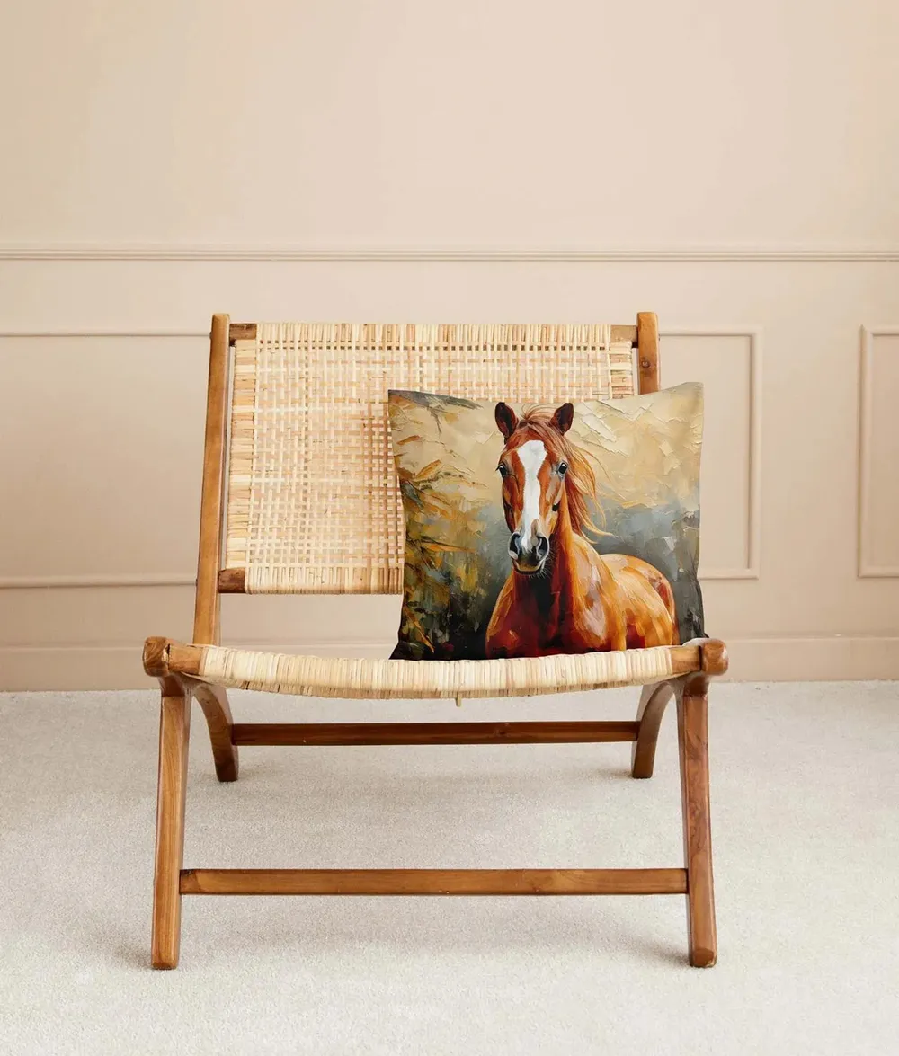 Cushion with a horse design on a light rattan chair
