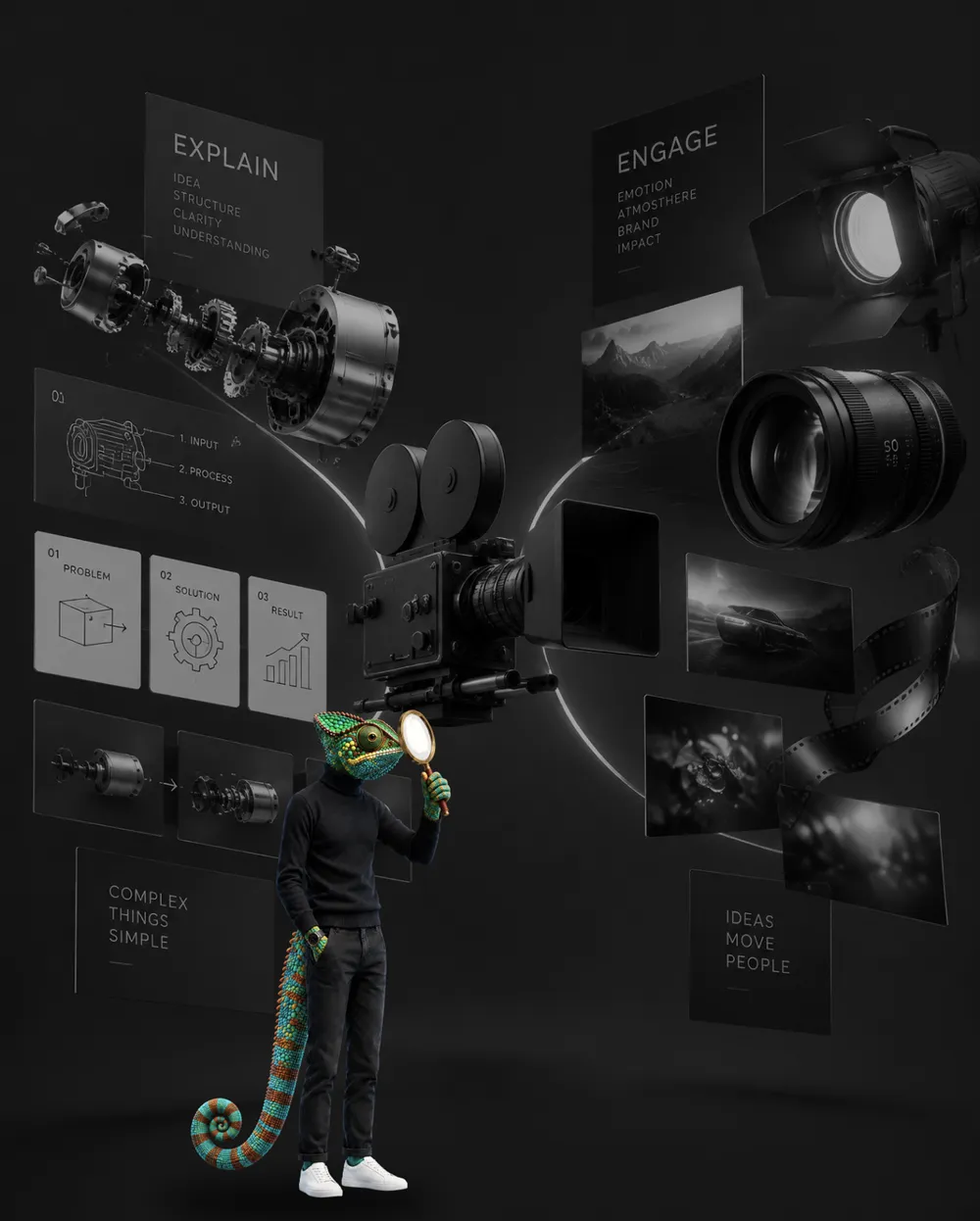 WAGEMUT chameleon with a magnifying glass in front of a film camera, explainer animations on the left, emotive film stills on the right
