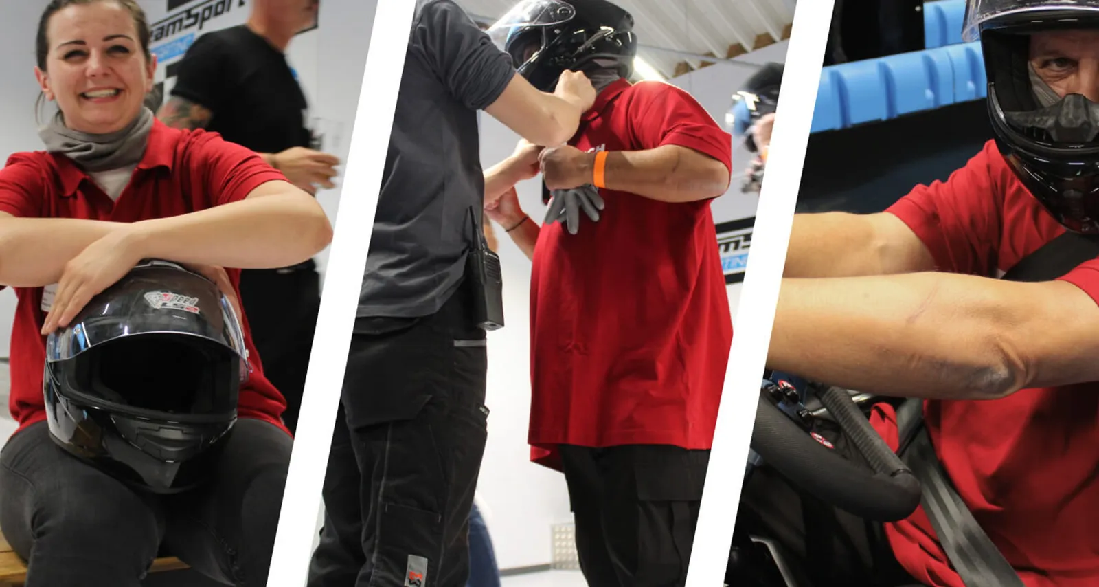 Three moments from race day: a female driver with a helmet, the protective gear being put on, focused hands on the steering wheel