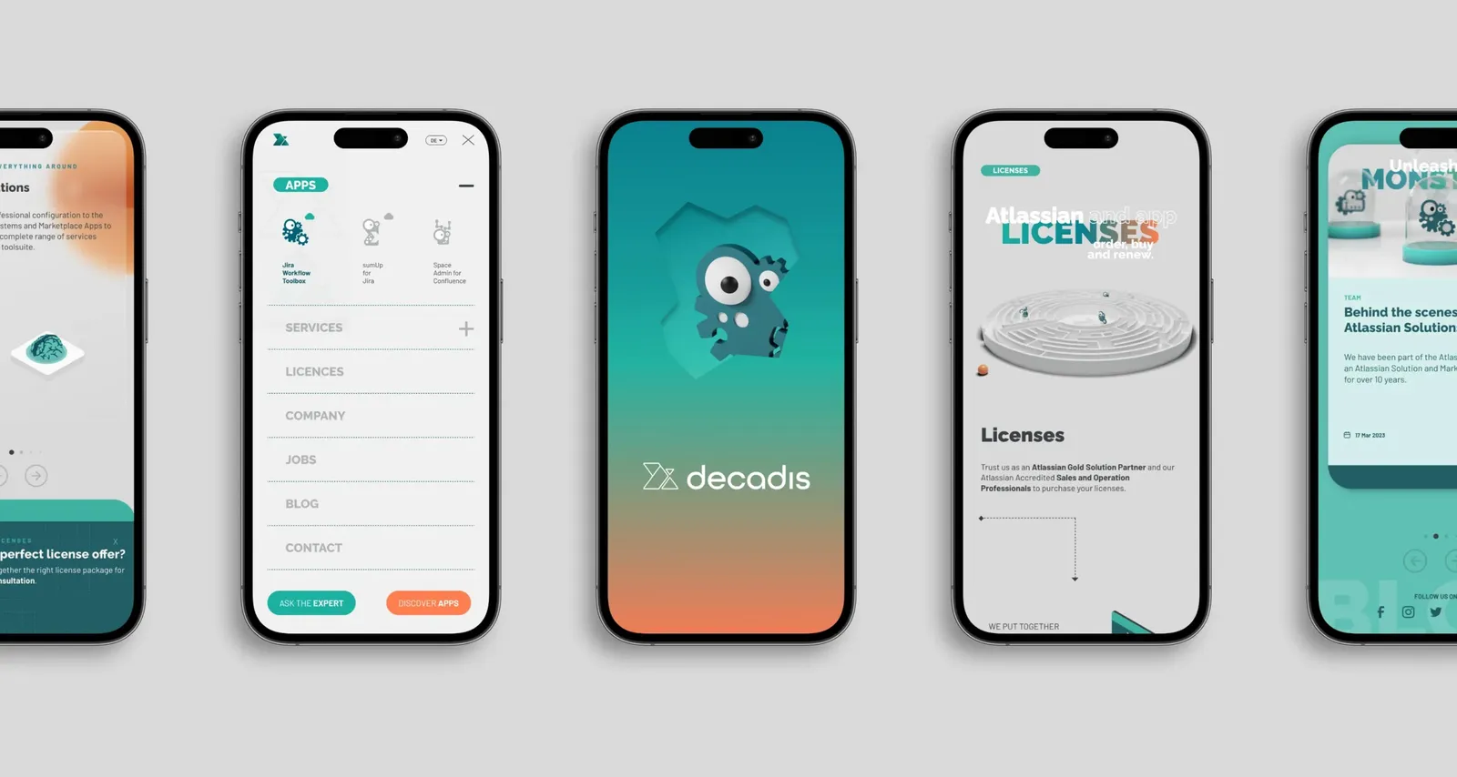 Five smartphones side by side showing the home page, the menu, monsters and the license page