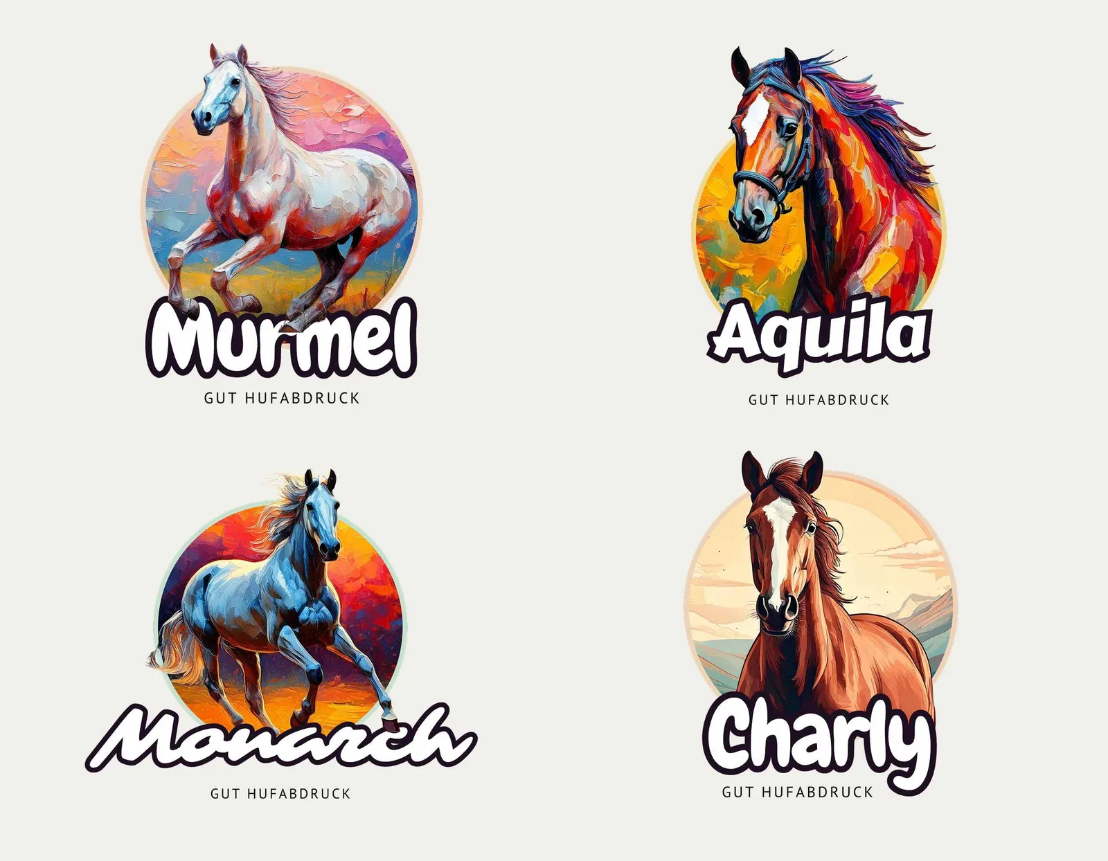 Four painted horse portraits as round stickers with the names Murmel, Aquila, Monarch and Charly