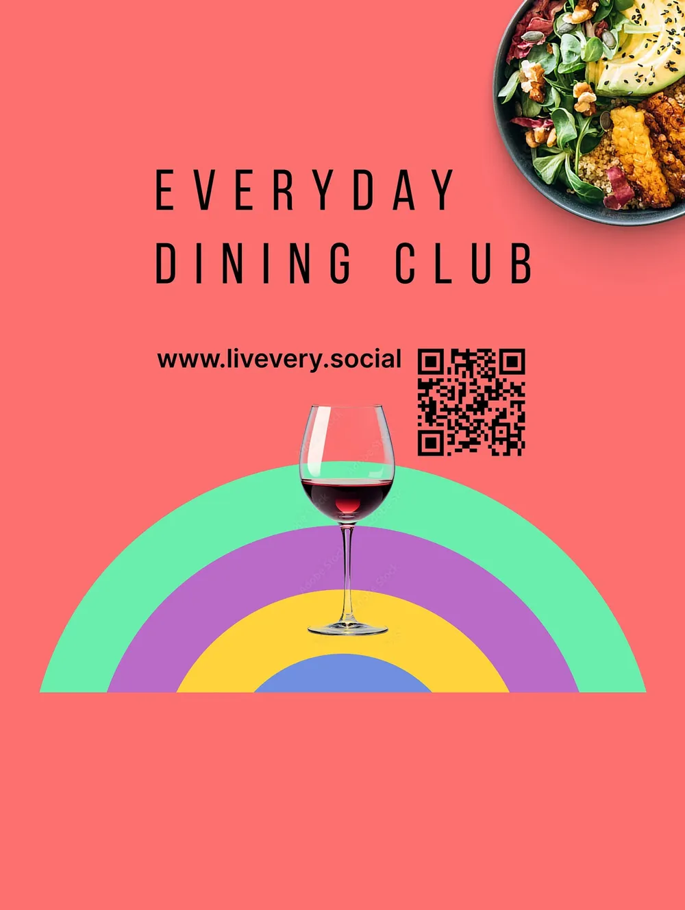 Window graphic in red with a wine glass in front of a rainbow of color arcs