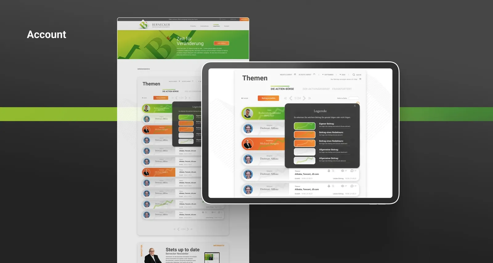The account's topic overview on tablet and desktop, with a legend of the post types