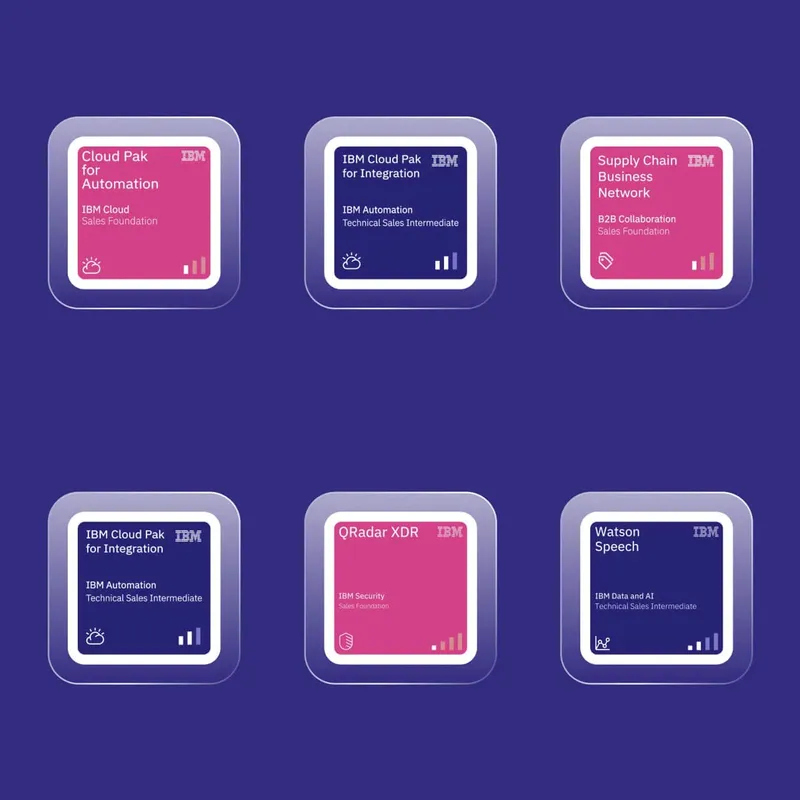 Six IBM product tiles in a grid, alternating pink and dark blue