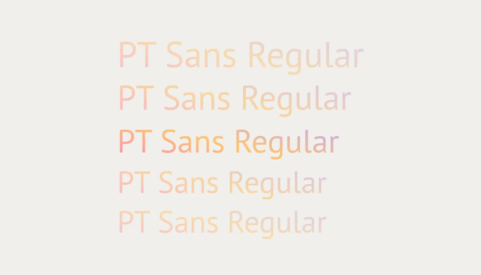 Type specimen of PT Sans Regular in five shades of orange