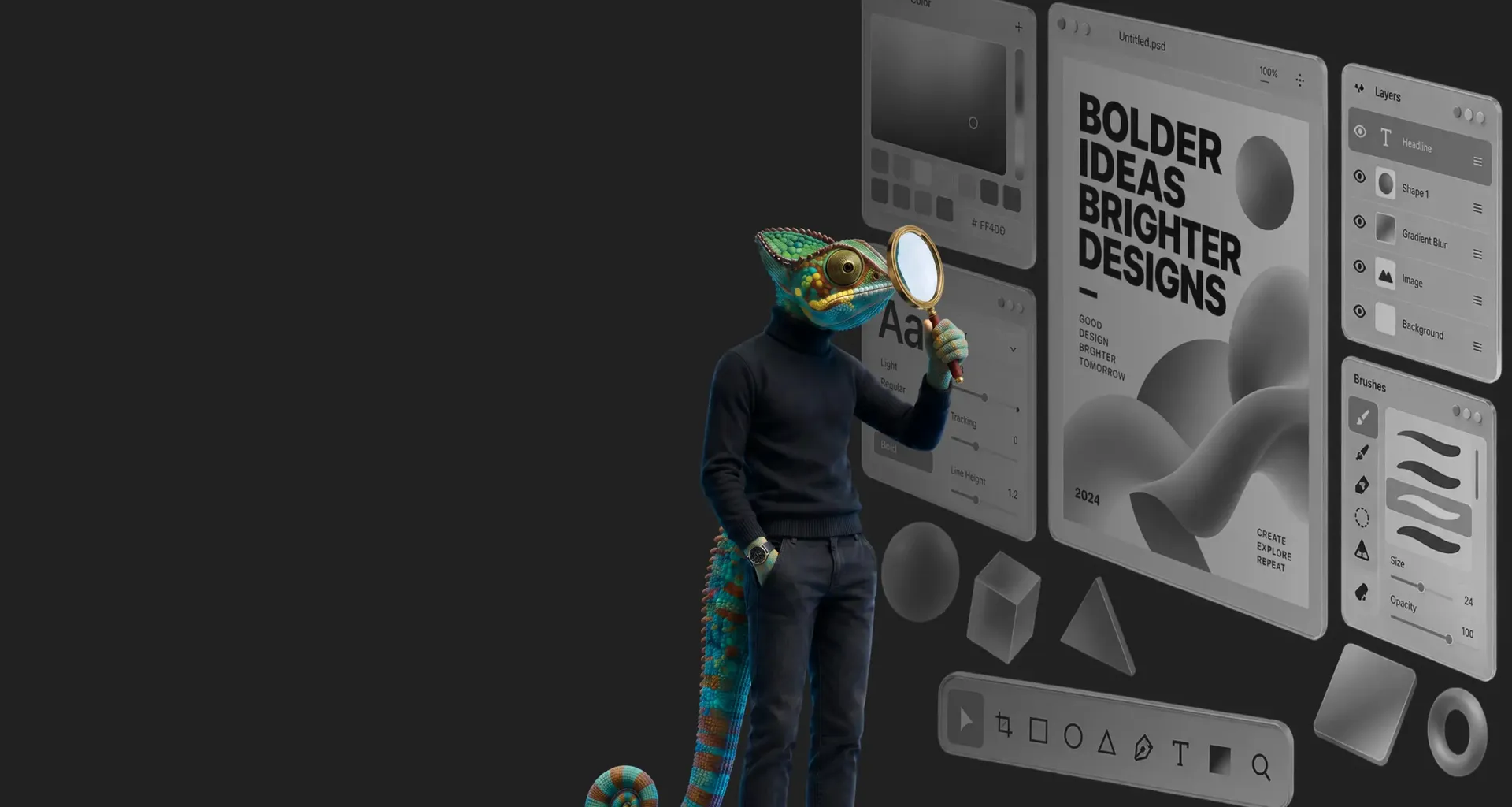 WAGEMUT chameleon with a magnifying glass in front of graphic design drafts: poster layout, type samples and shapes
