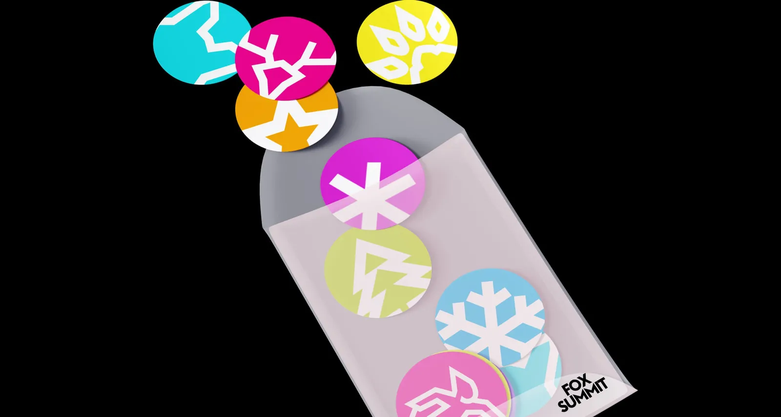 Round stickers in the brand colors falling out of an envelope