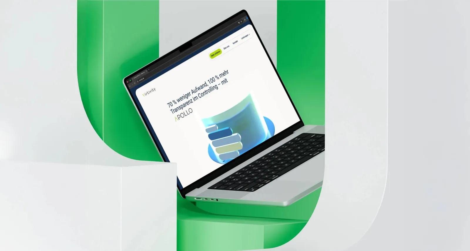 Laptop showing the Virtivity home page in front of green studio surfaces, with the APOLLO value proposition on the screen