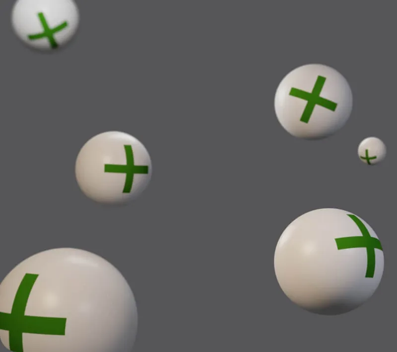 White spheres with a green plus sign floating on a grey background