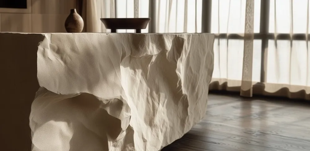 Roughly hewn light stone table in front of a window flooded with light