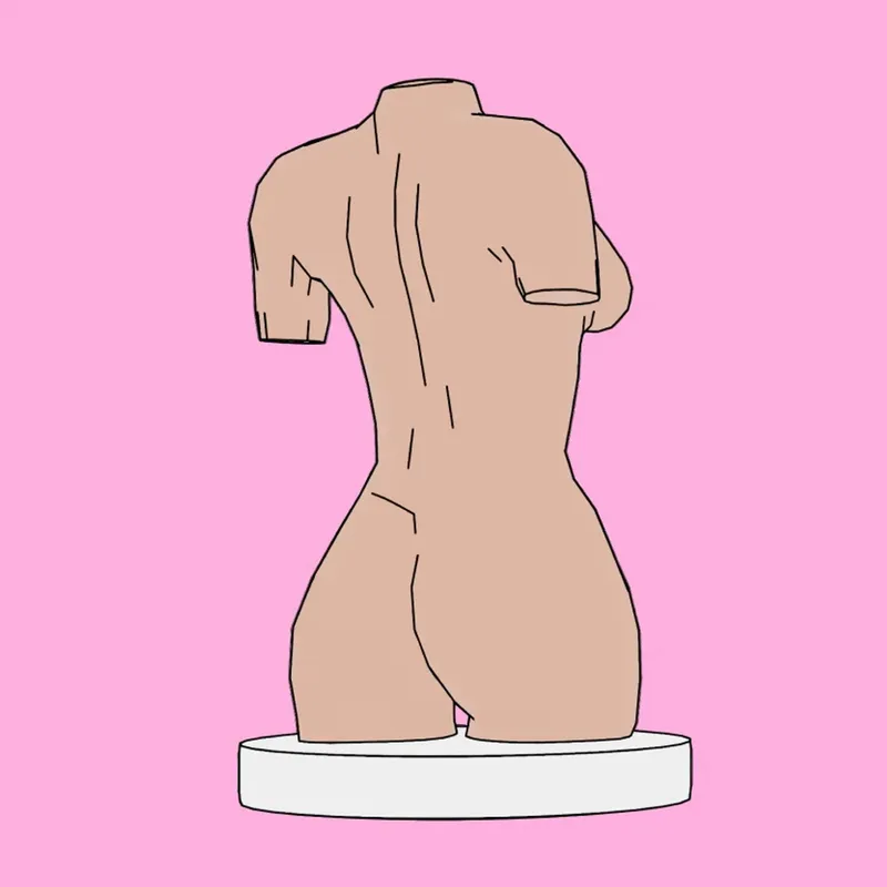 A torso as an antique bust, seen from behind, as line art on pink
