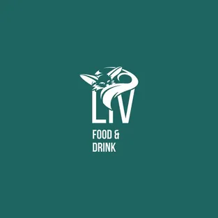 Logo variant for the Liv Dining Club: white fox mark above the LIV wordmark with “Food & Drink” on two lines, on petrol blue