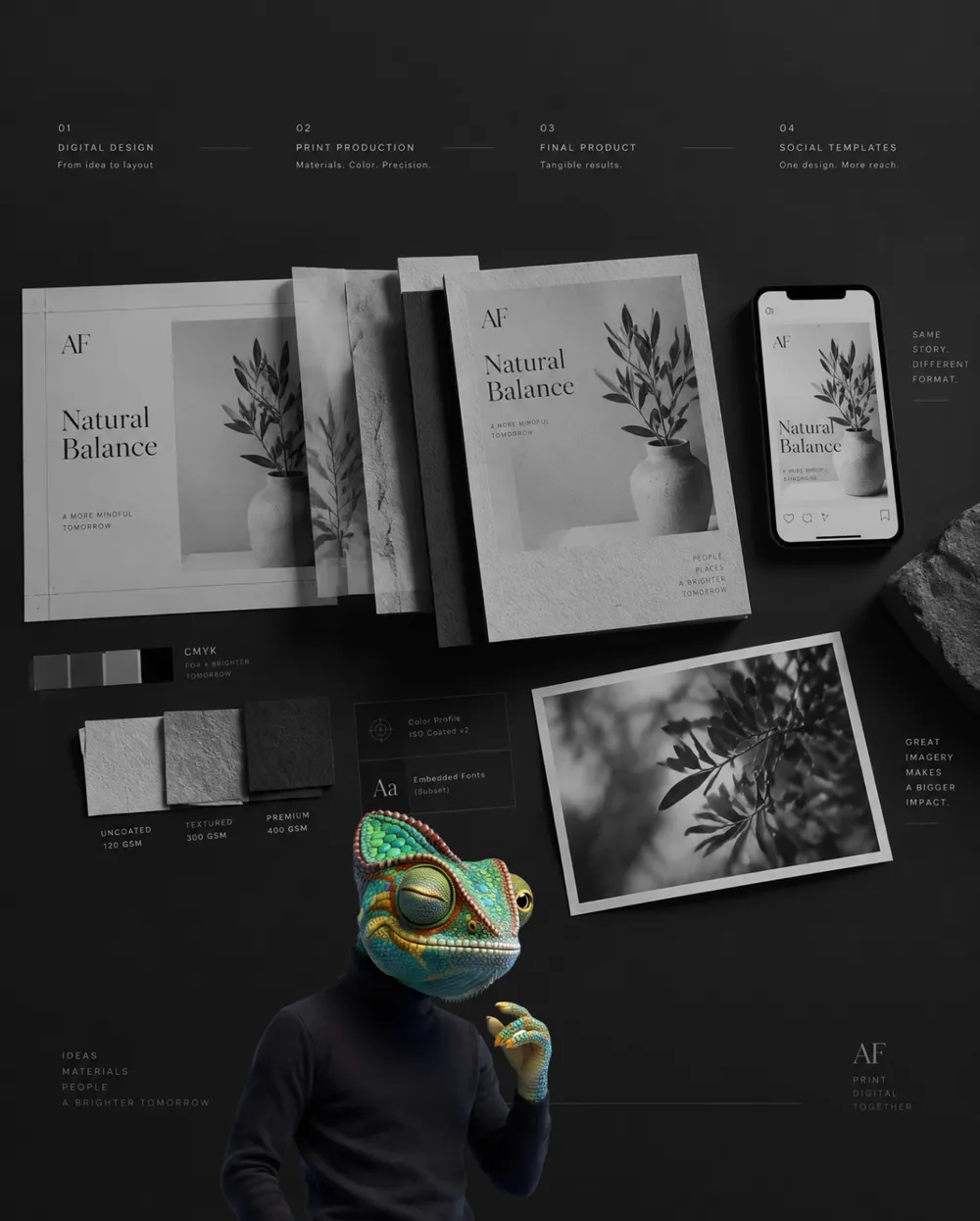 WAGEMUT chameleon in front of a design system from draft to print: brochures, paper samples, photo and smartphone