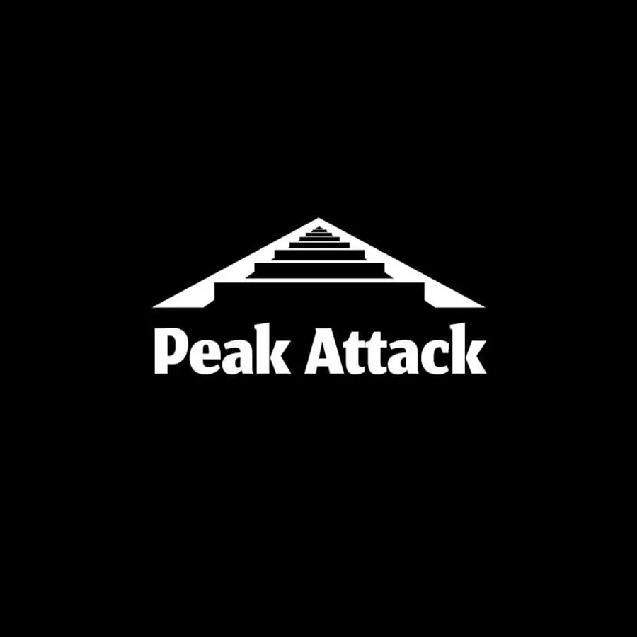 Logo draft: a stylized mountain range with steps above the wordmark “Peak Attack”