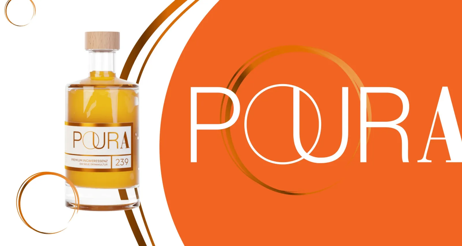 The Poura bottle in front of an orange circle, next to it the POURA lettering with the intertwined O