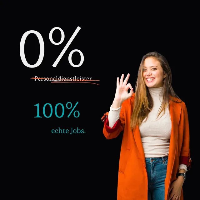 Motif: “0% recruitment agencies, 100% real jobs” next to a woman making an OK gesture