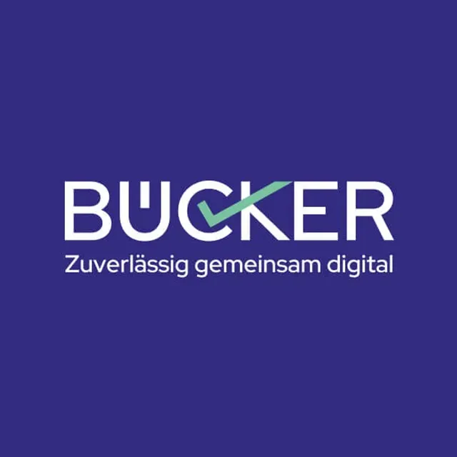 Logo draft: BÜCKER with a green check mark replacing the umlaut dots