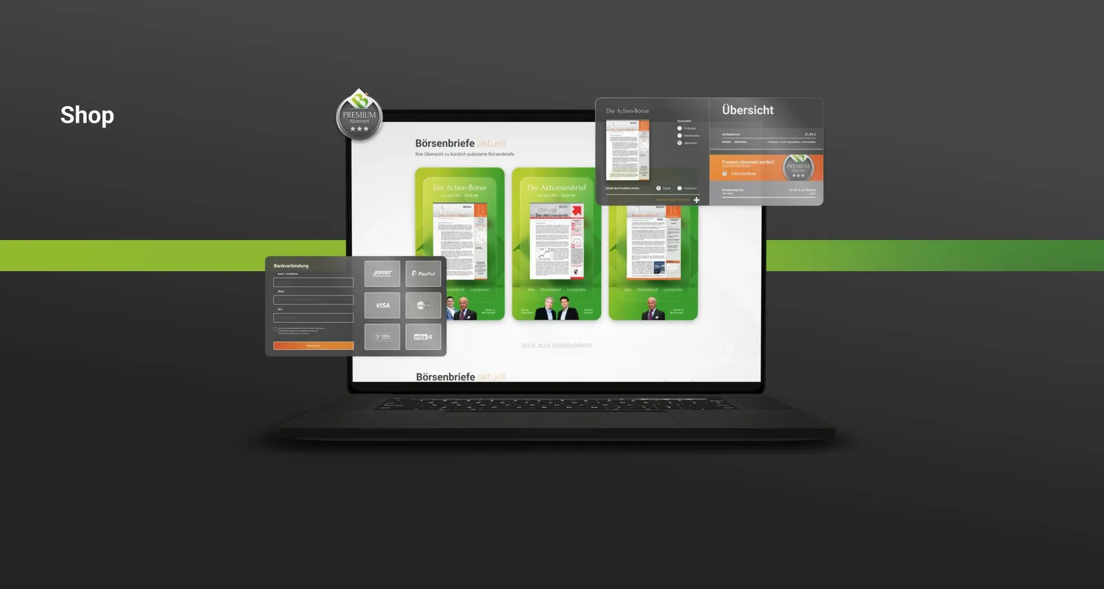 A laptop with the stock market newsletter overview, in front of it the cart and order views as separate cards