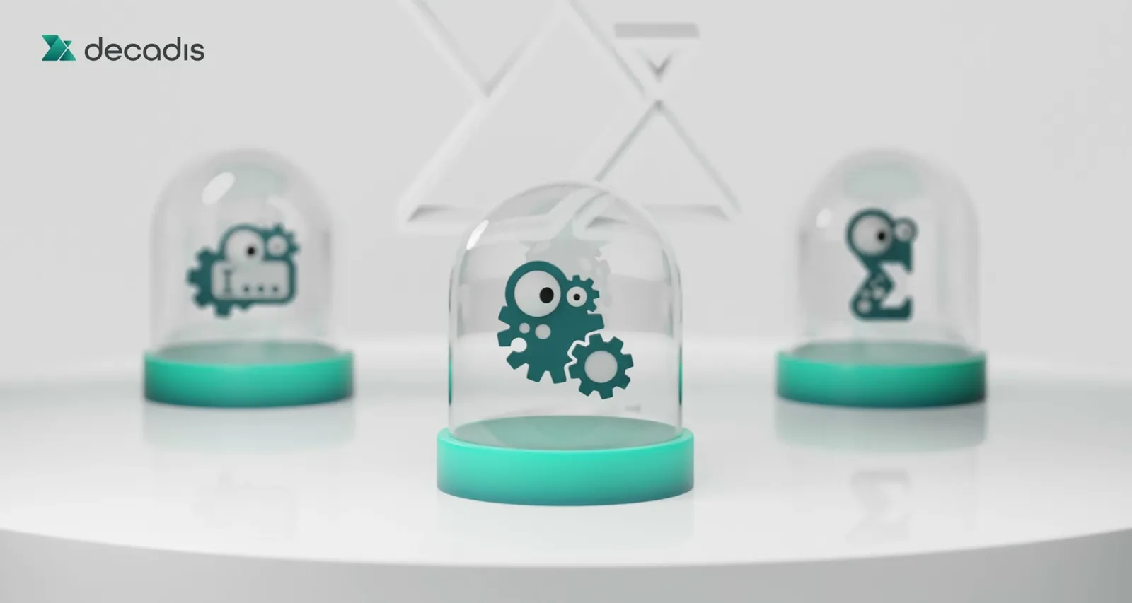 Animation: three app monsters under glass domes turning on a white stage