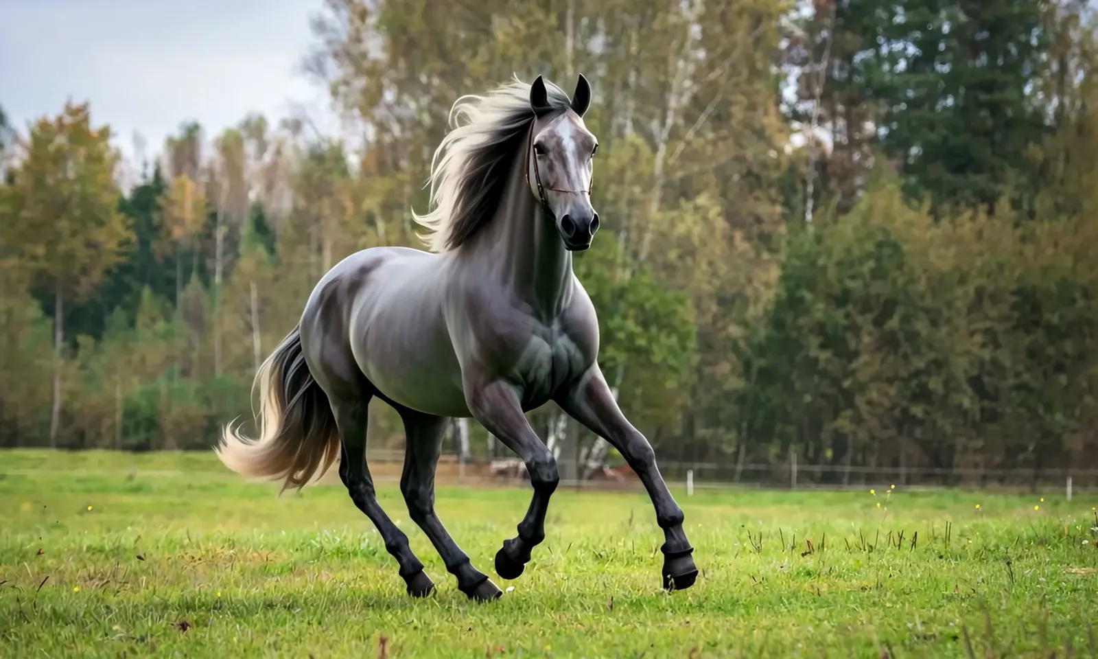 A photo of a grey horse in the pasture turns into an oil painting