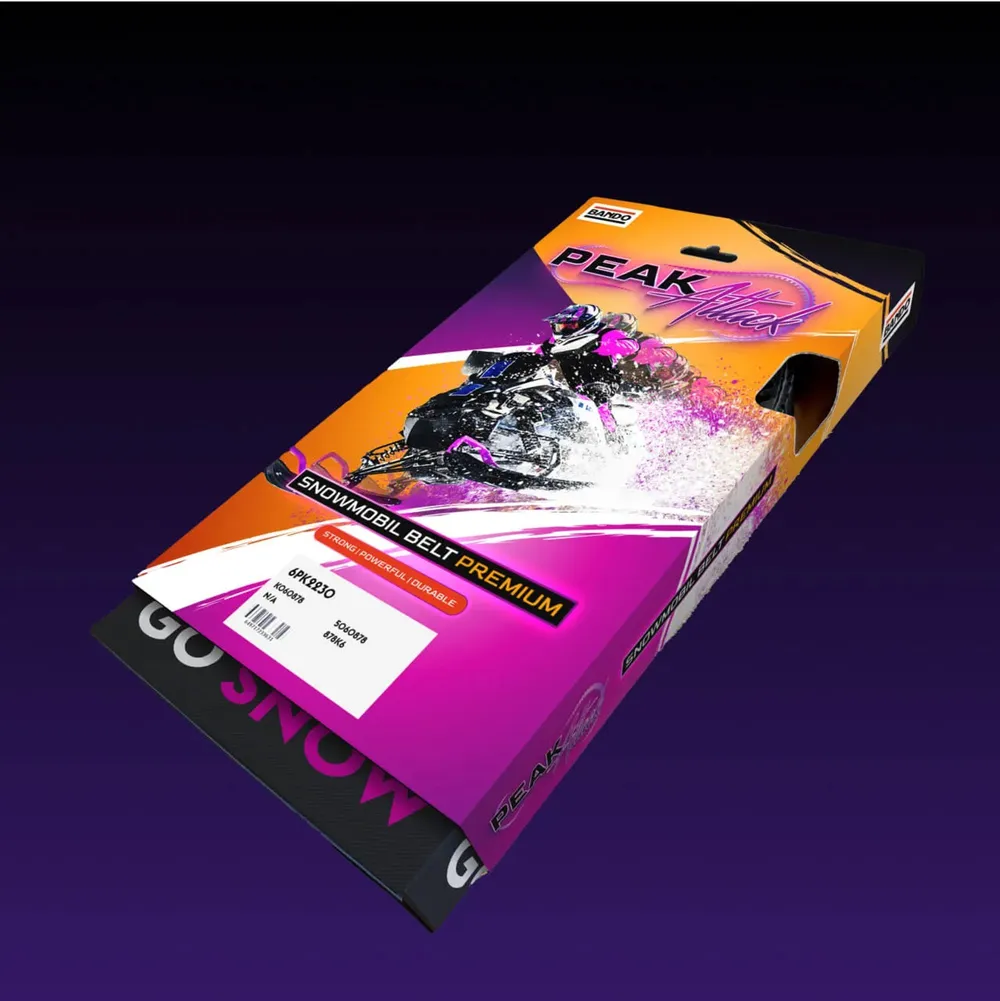 The packaging in magenta and black, printed with “Go Snow”