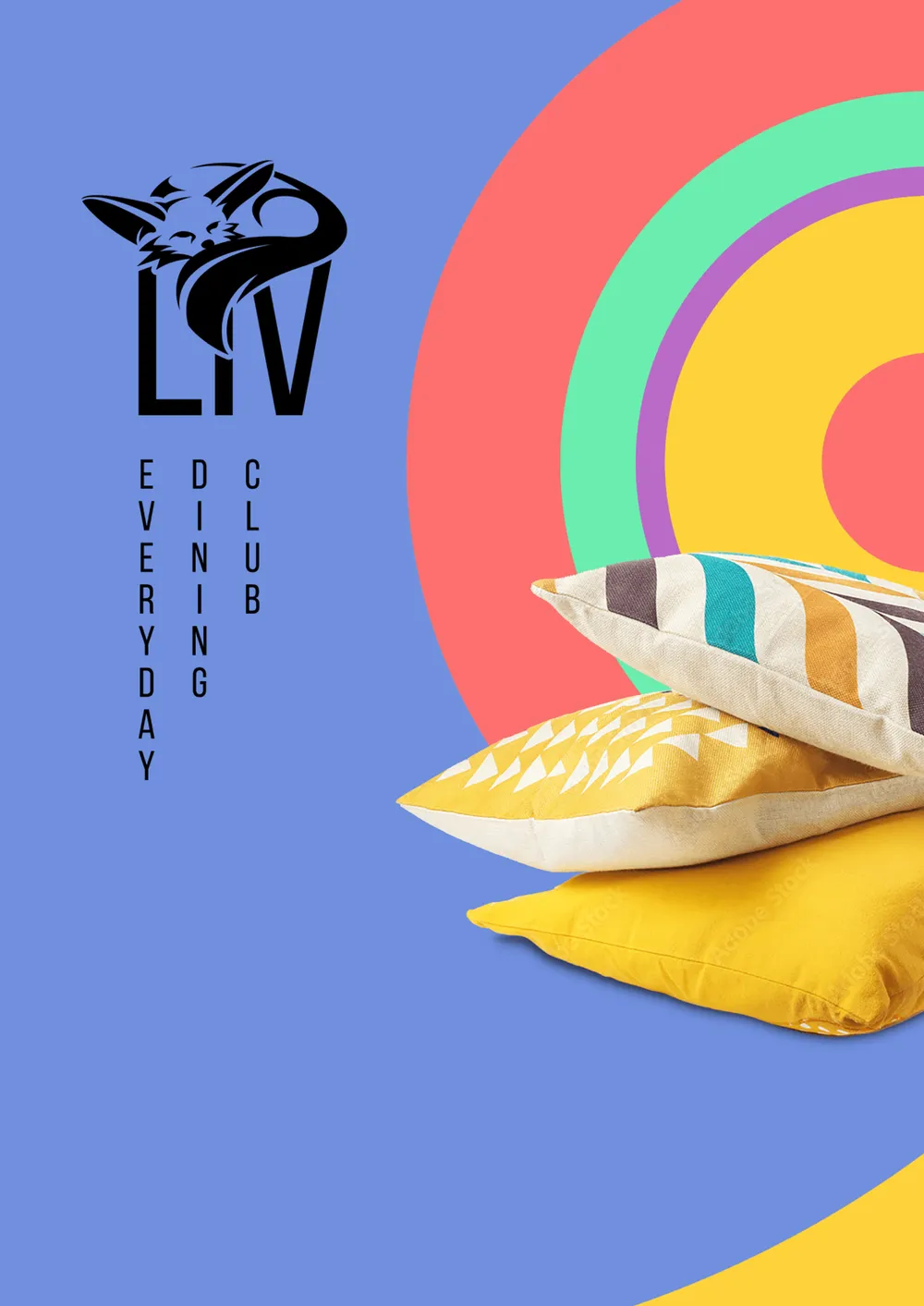 Window graphic in blue with concentric arcs of color and patterned cushions