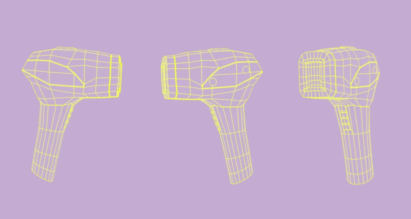 Three views of the laser head as a yellow wireframe model on lilac