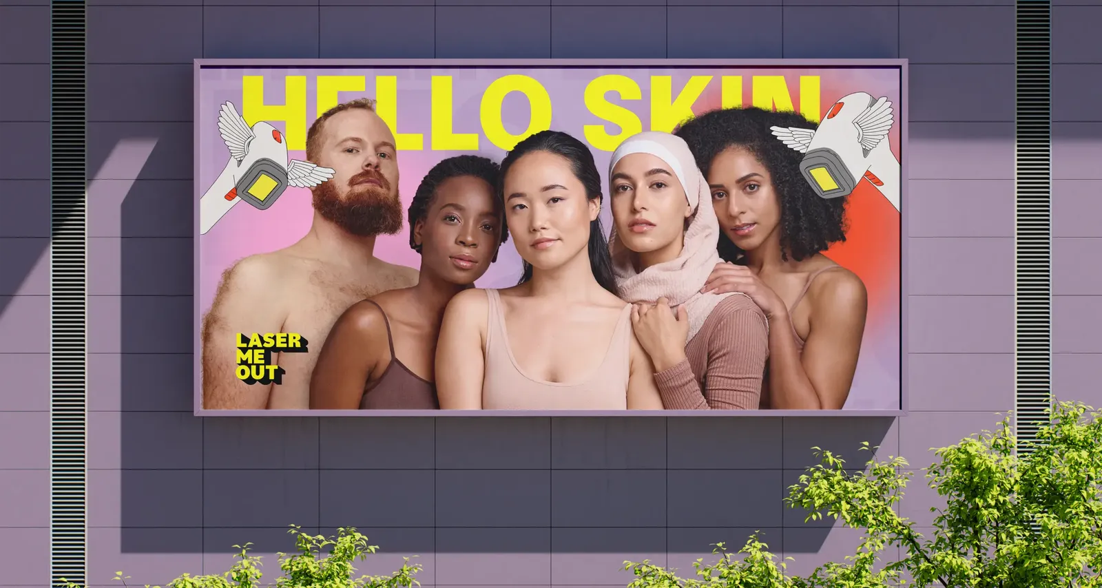 Advertising board on the side of a building: five people of different backgrounds beneath the word “Hello Skin”