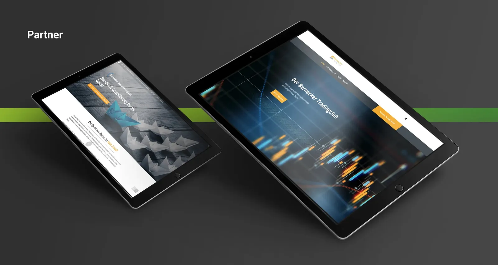Two tablets with the Bernecker Trendbrief in a dark color world, above them the word “Partner”