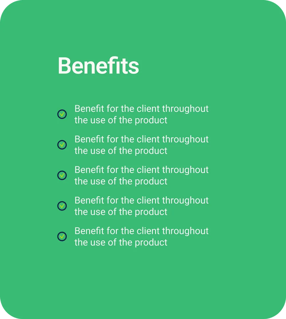 Green content card with the heading Benefits and five ticked bullet points